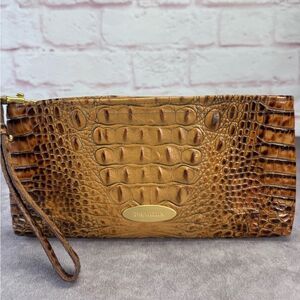 Brahmin Toasted Almond Zipper Clutch Crocodile Embossed Make Up Case Leather